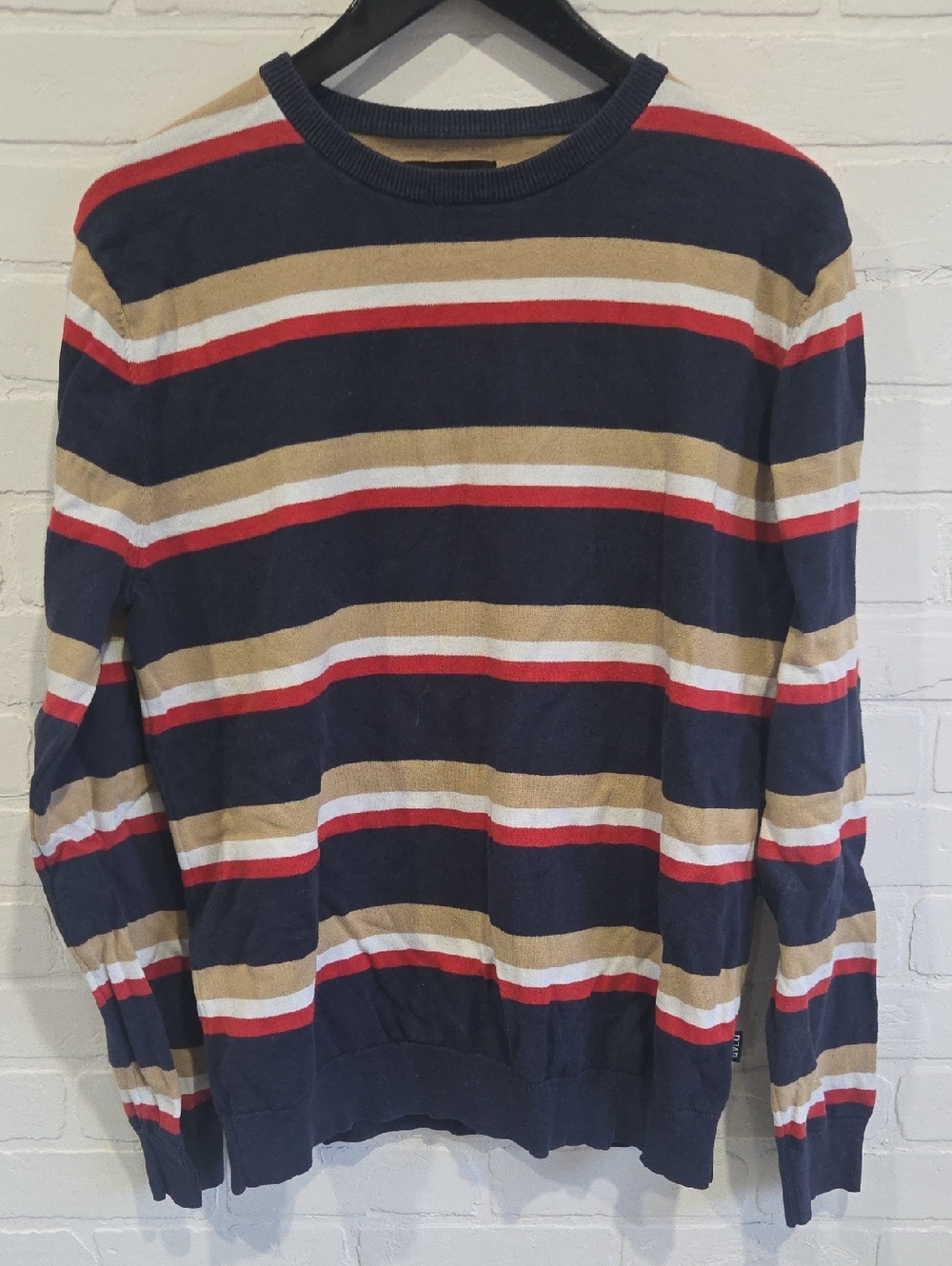 Simons Navy Crewneck Sweater with Red, Tan & White Stripes
